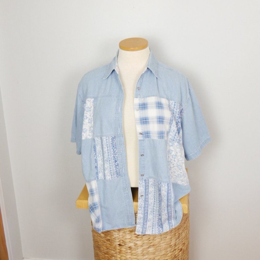 Vintage Patchwork Button Up Collared Top Jean Plu… - image 5